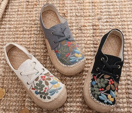 Handmade Embroidered, Linen/Canvas Sneakers, Comfortable Lace Up Flats in Black, Beige & Grey