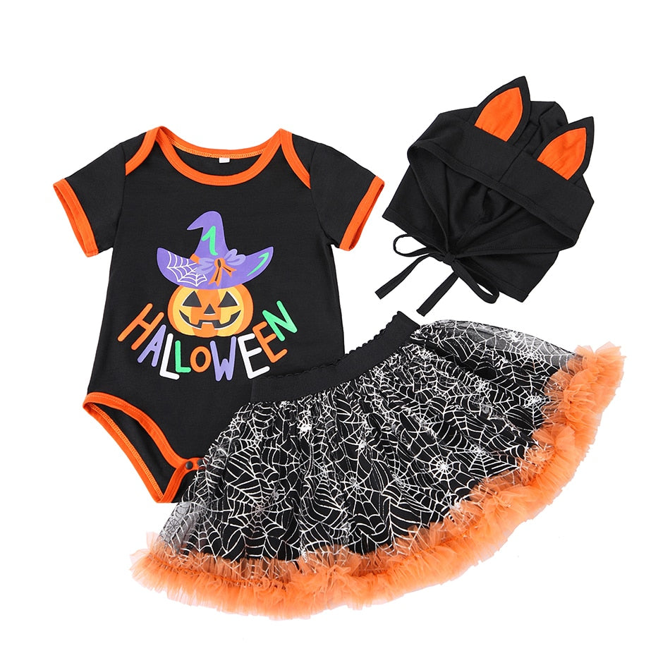 Halloween Pumpkin Dress for Girls Bat Print Mesh Ball Gown Tutu Dresses with Shawl Baby Carnival Easter Party Show Costumes Kids