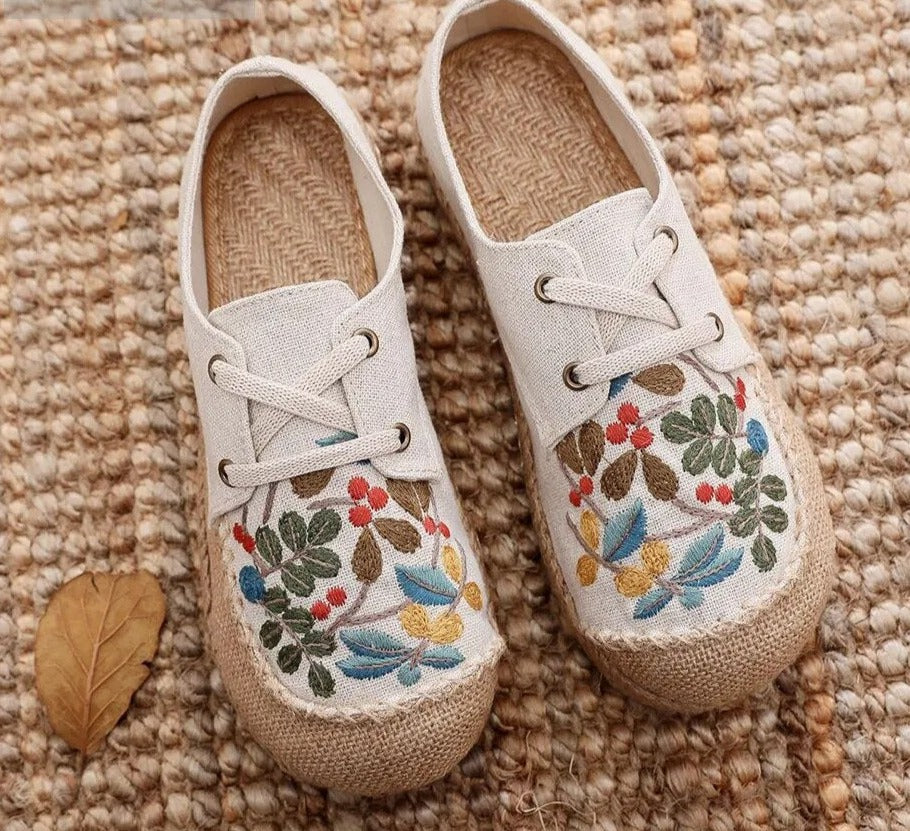 Handmade Embroidered, Linen/Canvas Sneakers, Comfortable Lace Up Flats in Black, Beige & Grey