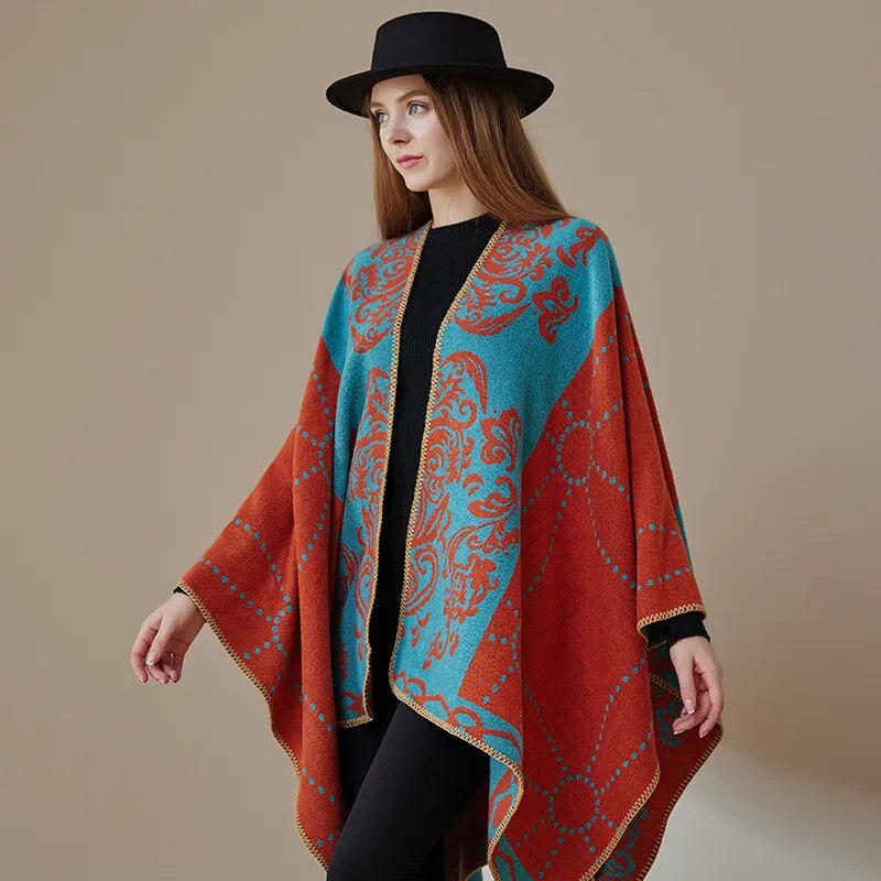 WeHello-Cashmere Winter Warm Ponchos and Capes for Women, Female Shawls and Wraps, Floral Pashmina, Female Lady Poncho Capes