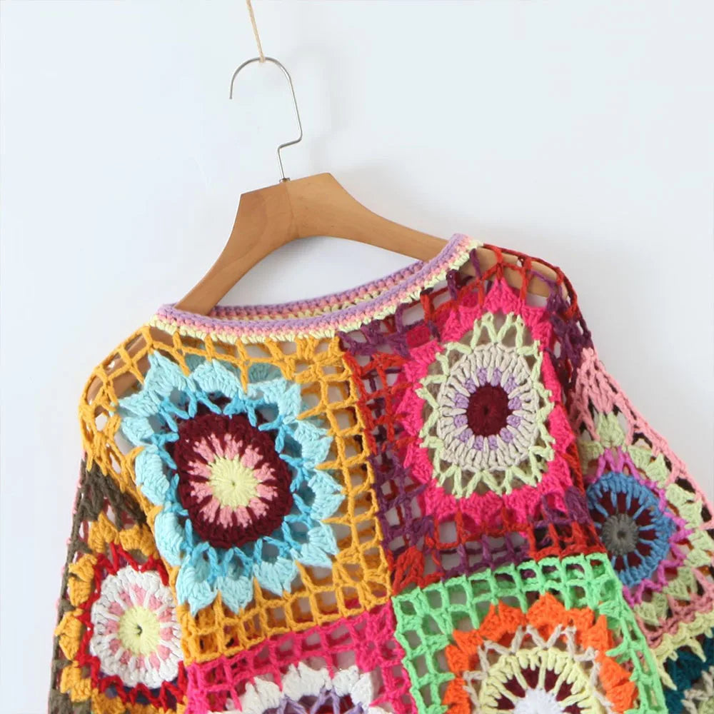 Groovy Spring/Summer Vibe Crocheted Granny Square Sweater. Multi-color with Trumpet Sleeves.