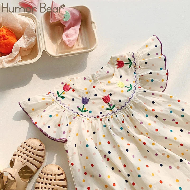 Humor Bear Children's Clothes Girl Dress Korean Embroidery Flying Sleeve Dress Sweet Colorful Polka Dot FPrincess Dress For 2-7Y