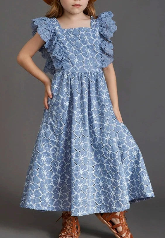 All-over Floral design- Embroidery and Cutwork. Midi length, young lady's Dress with Lace Ruffle Flutter Sleeves.