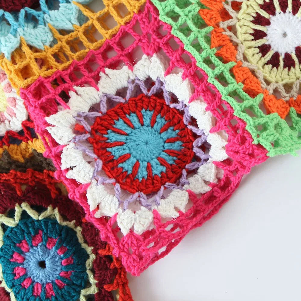 Groovy Spring/Summer Vibe Crocheted Granny Square Sweater. Multi-color with Trumpet Sleeves.