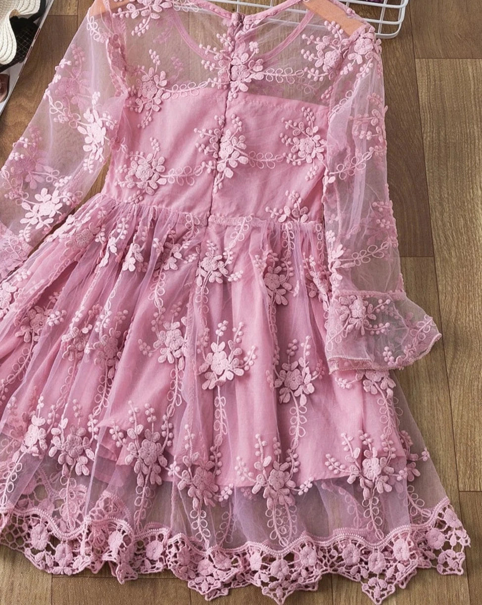 Beautiful Flower Lace Dress for Children 3-8 Years. Plum Pink Lace Dress for dressing up.