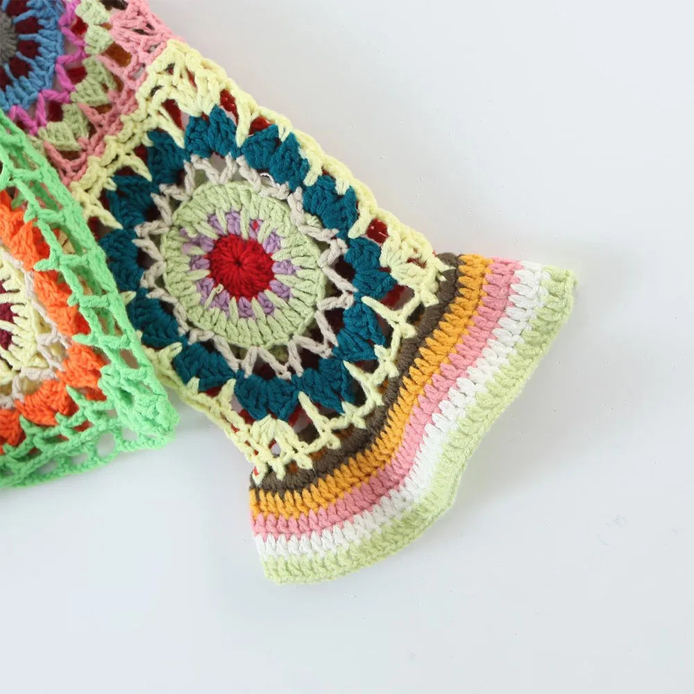 Groovy Spring/Summer Vibe Crocheted Granny Square Sweater. Multi-color with Trumpet Sleeves.