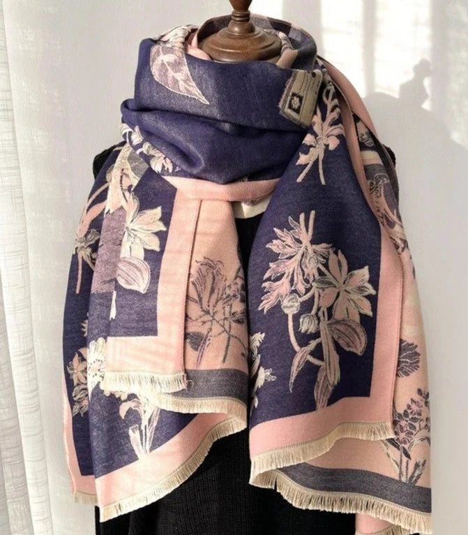 Heavy Shawl\Wrap for Winter. Jacquard Design of Natural Plants. Grey Blue on Pink\Cream.