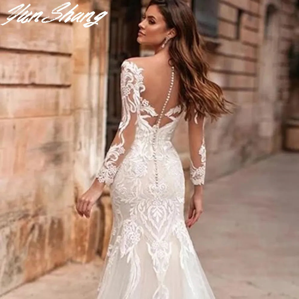 Mermaid Style, Backless, Lace Applique Wedding Dress with Long Sleeves and Train.