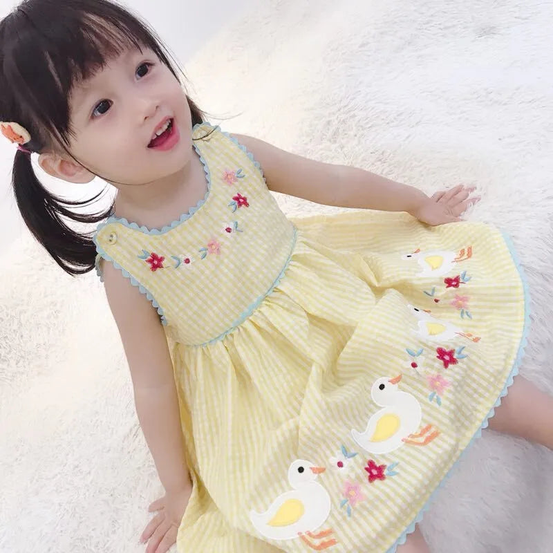 Summer Sleeveless Knee-Length Clothes for Kids Baby Girls Embroidered Flowers Cartoon Ducks Plaid Princess Children Party Dress