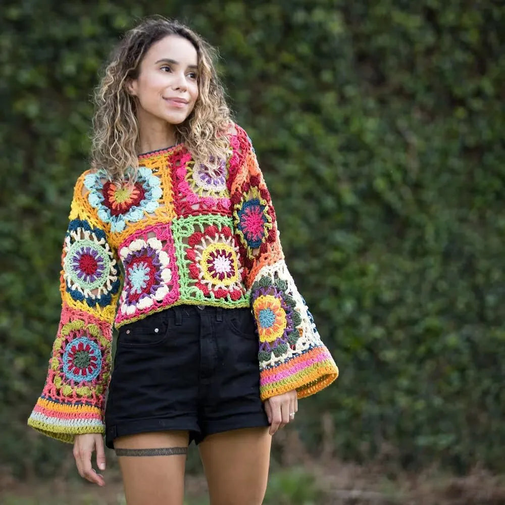 Groovy Spring/Summer Vibe Crocheted Granny Square Sweater. Multi-color with Trumpet Sleeves.