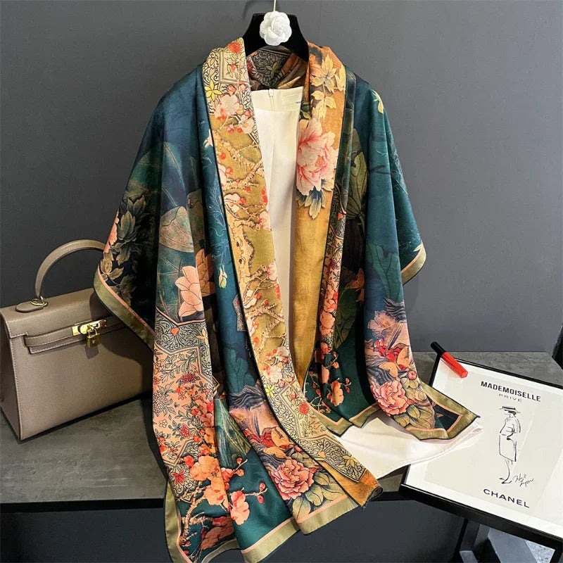 Chinese style lotus fragrant cloud yarn silk scarf female imitation silk shawl 2022 new autumn and winter warm scarf for mother