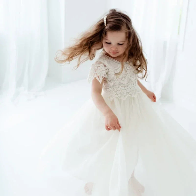 Flower Girl Dress for Wedding Evening Elegant Kids Birthday Party Princess Dress Lace Tulle Kids Clothes Summer Dress for Girls