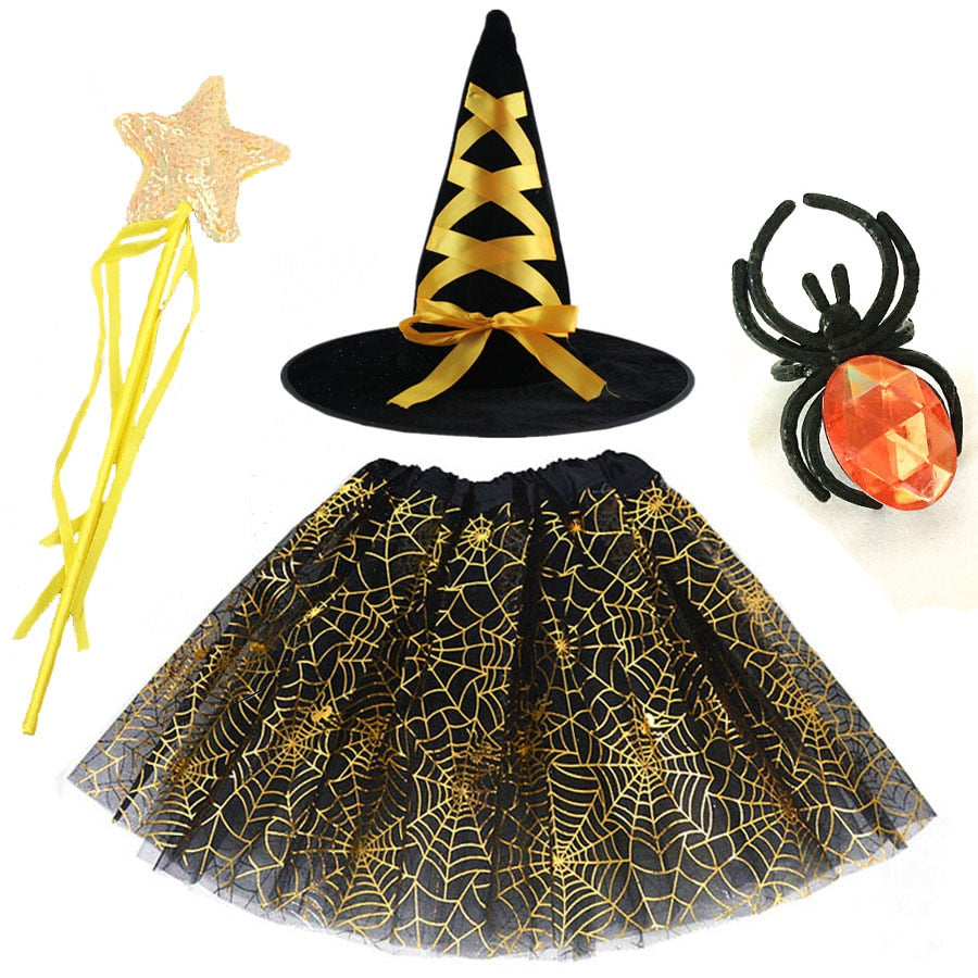 Kids Girls Women Adult Spider Web Tutu Cobweb Skirt Witch Wizard Hat Suit Party Outfits Carnival  Halloween Costume Bat Cloak