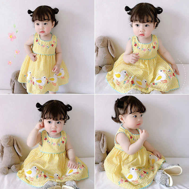 Summer Sleeveless Knee-Length Clothes for Kids Baby Girls Embroidered Flowers Cartoon Ducks Plaid Princess Children Party Dress