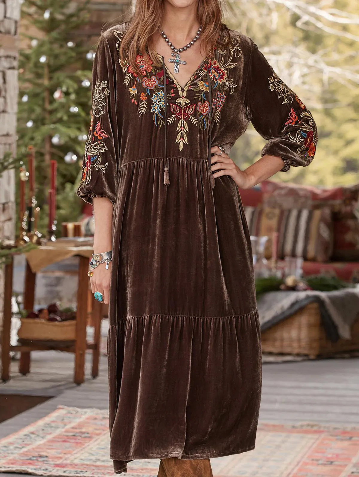 Velvet Midi Dress with Floral Embroidery at Collar and Sleeves... Great Fall Dress for practically any event of the season! Pair with Boots, Belt ++ for different looks.