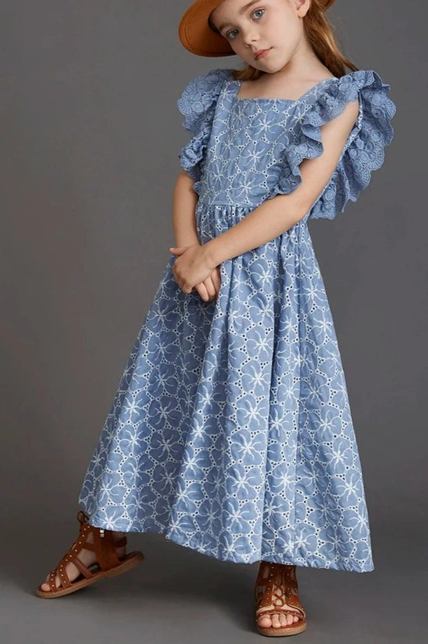 All-over Floral design- Embroidery and Cutwork. Midi length, young lady's Dress with Lace Ruffle Flutter Sleeves.