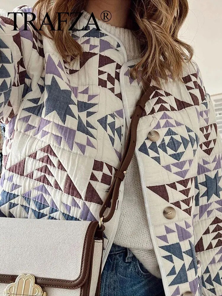 Cozy 2-3 Season Soft Jacket in Quilt Patterns Print done in soft colors. Button closure and pockets!