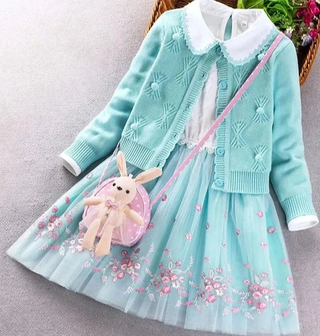  Dress with White Collar Top & Embroidered Tulle Skirt Long Sleeve Aqua Color Sweater. A small Pink Crossbody Bag with Stuffed Bunny & a zip pocket