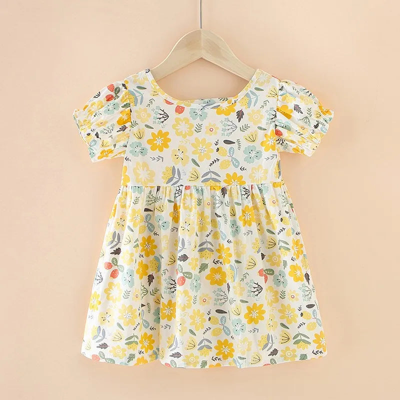 Spring Summer Korean Girls' Clothing Flower Print Cotton Kids Girls A-line Princess Dress Children's Short Sleeve Beach Dress