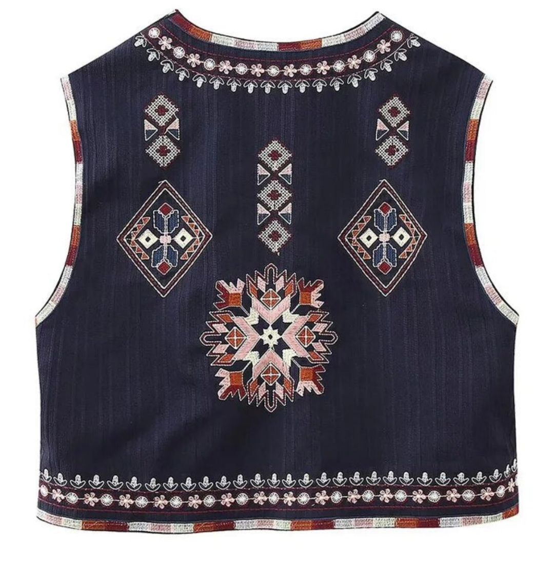 Blue Velvet Embroidered Vest. Impressive multicolored details front and back.