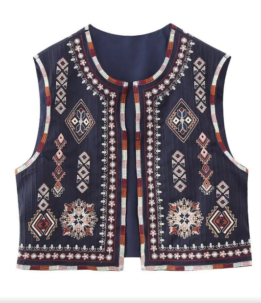 Beautiful Embroidered vest, blue background white red and orange designs front and back 
Open front.