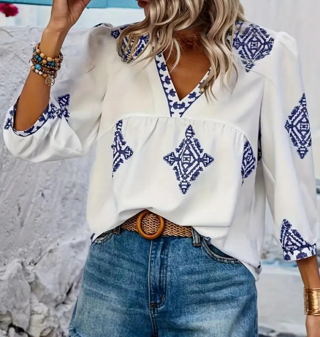 Indigo Designs on White Cotton in Crisp, Mid-sleeve, Mediterranean Top