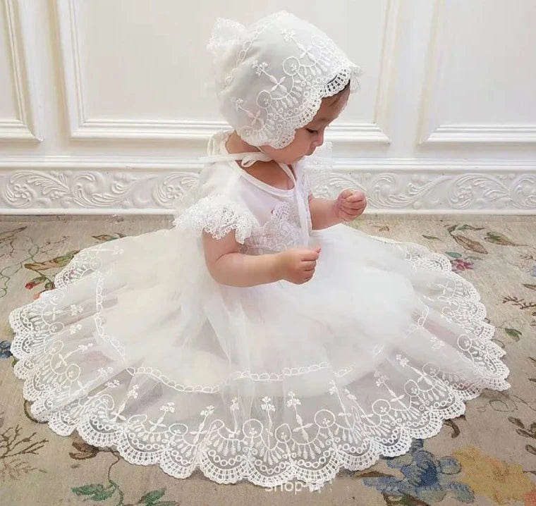 Baby's Baptism/Christening Dress. Birthday. Floral lace and Embroidery is all White. Wedding Flower Girl.