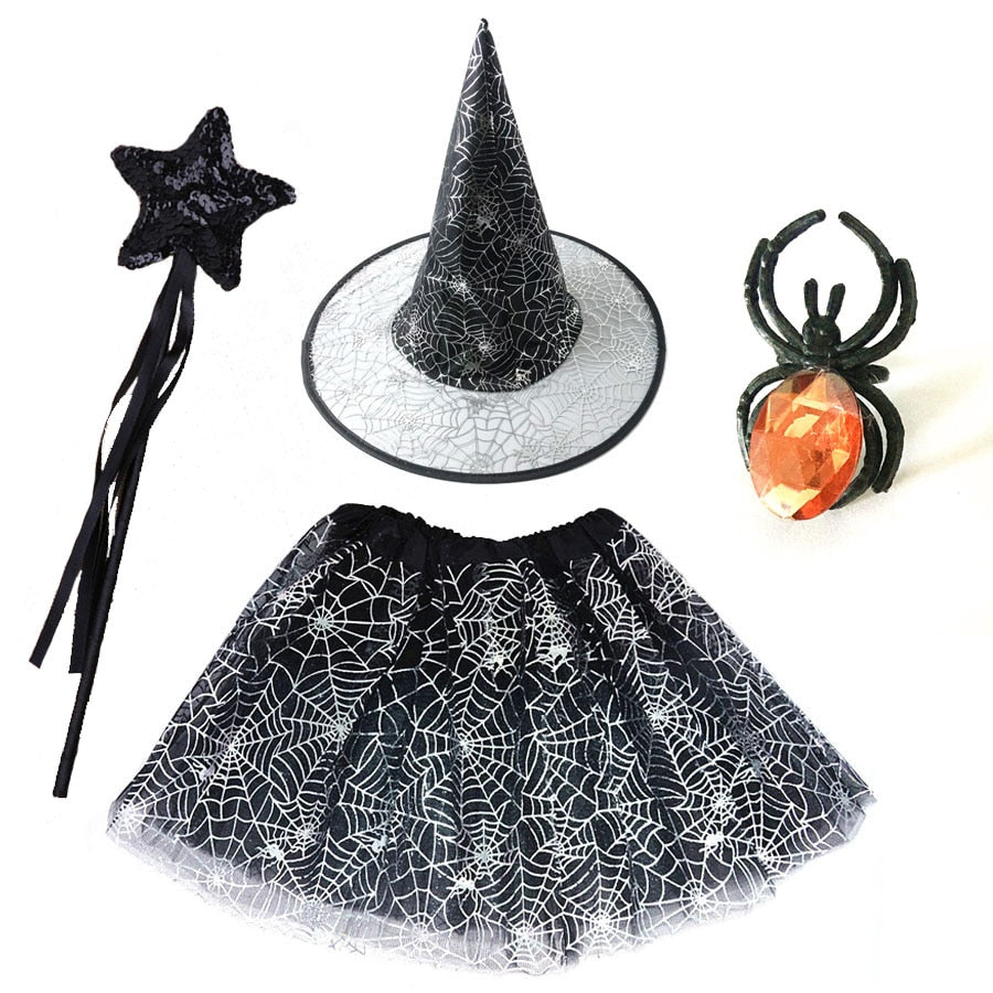 Kids Girls Women Adult Spider Web Tutu Cobweb Skirt Witch Wizard Hat Suit Party Outfits Carnival  Halloween Costume Bat Cloak