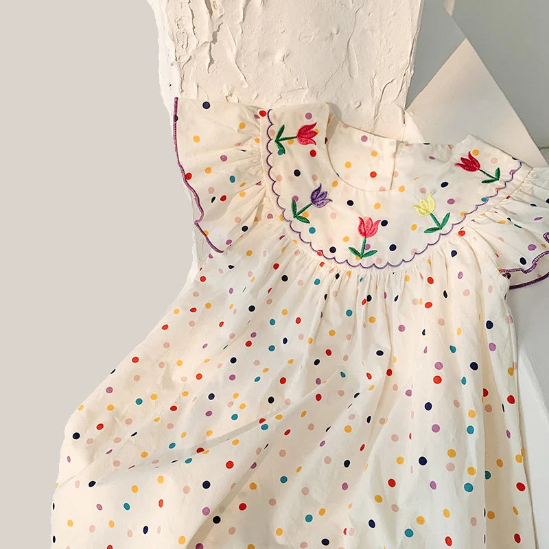 Humor Bear Children's Clothes Girl Dress Korean Embroidery Flying Sleeve Dress Sweet Colorful Polka Dot FPrincess Dress For 2-7Y