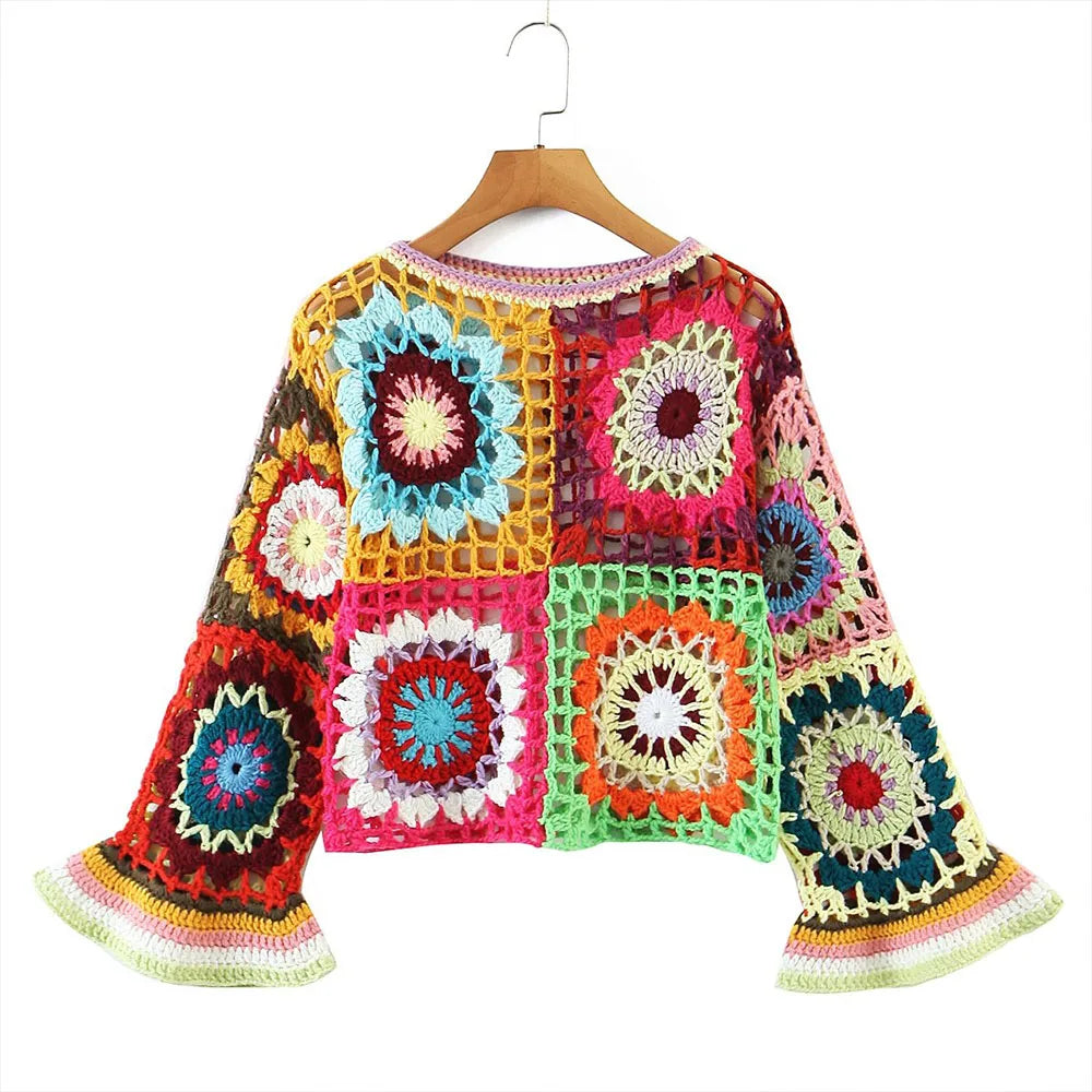 Groovy Spring/Summer Vibe Crocheted Granny Square Sweater. Multi-color with Trumpet Sleeves.