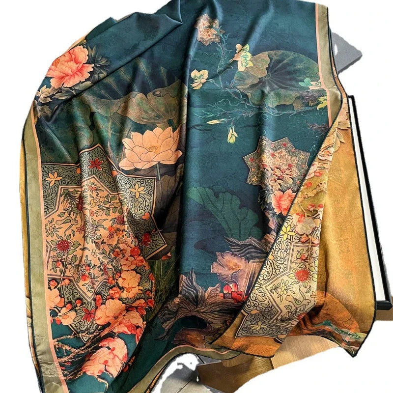 Chinese style lotus fragrant cloud yarn silk scarf female imitation silk shawl 2022 new autumn and winter warm scarf for mother