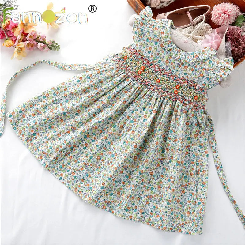 Beautiful Floral Dress with Smocking and Hand Embroidery. Children's Spring & Summer Cotton Dresses for beautiful photos.