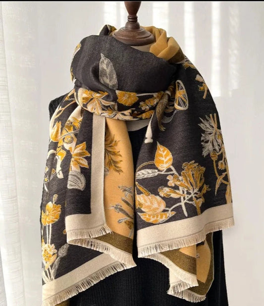 Heavy Winter Shawl/Scarf - Jacquard Weaving - Colors: Yellow & Green & Black - Design: Delicate Elements from Nature. Leaves & Branches.