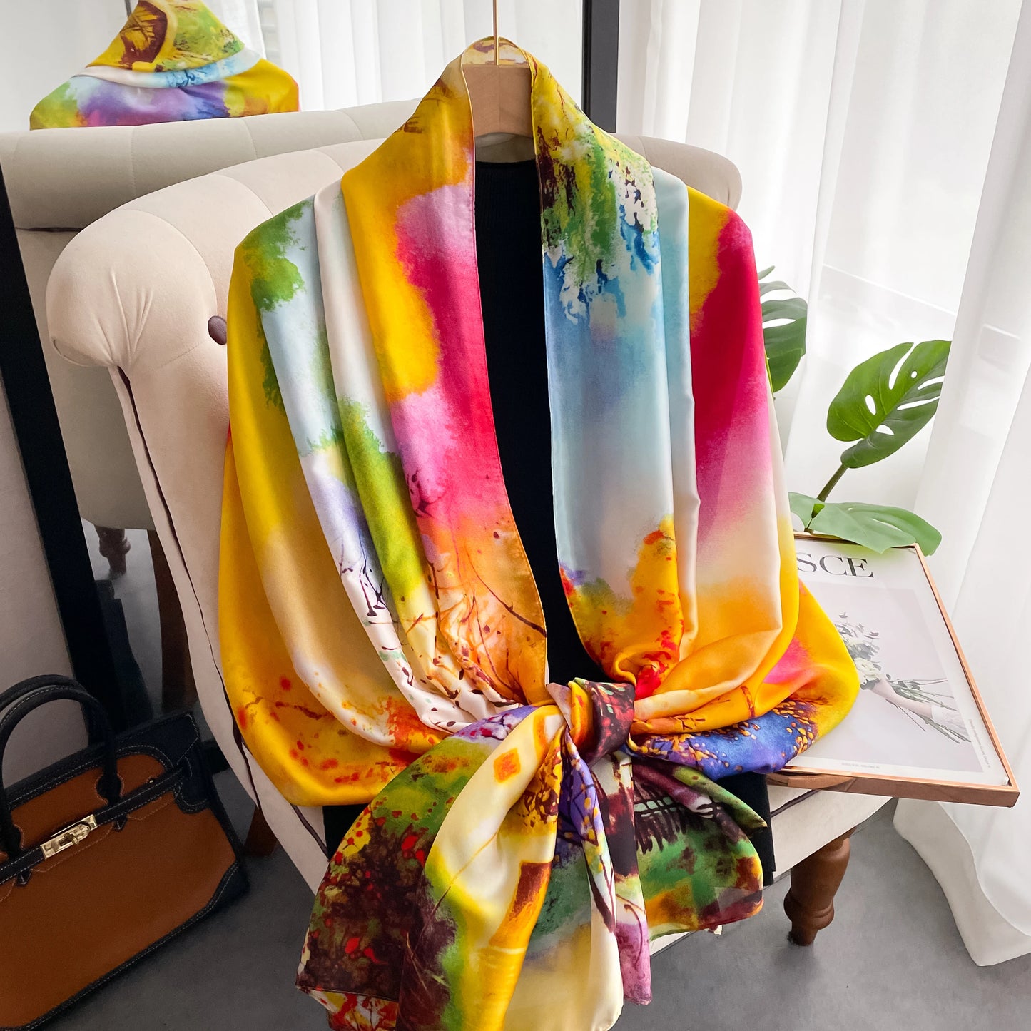 Four Seasons Silky Sun Protection. Extra large size, Fun! Nature design print Scarf. Great colors, really pops! 175cm/69" length.