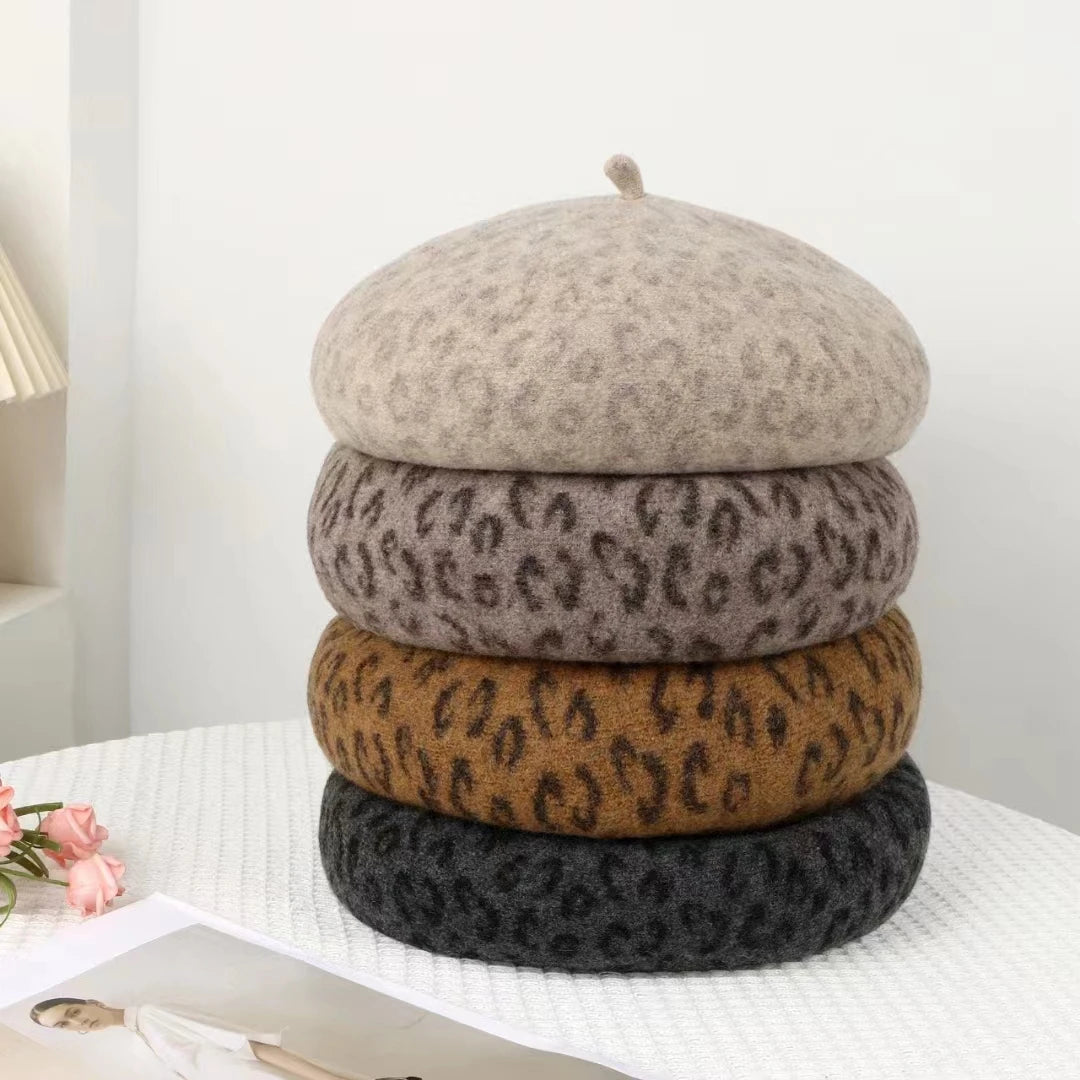 New Fun, Warm, and Elegant Leopard Print Berets in 4 colors. Top quality fashion design. 10" across at crown.