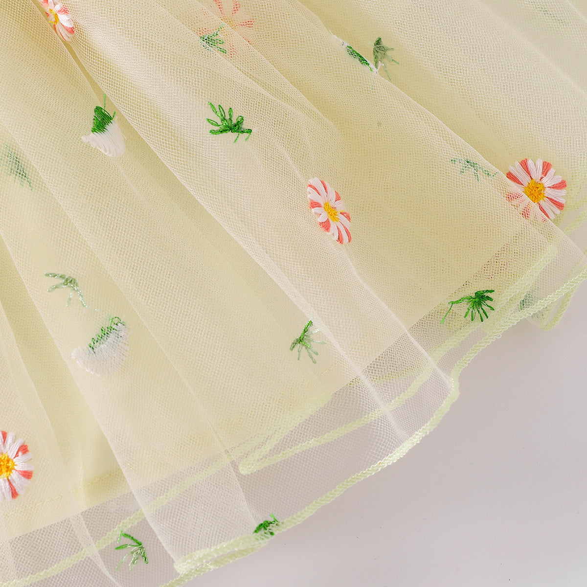 The perfect Sweet Spring Dress for a budding ballerina or fairy. Complete with flowers Embroidered at the waist and on the tulle skirt.. Perfect for Spring and Summer events!