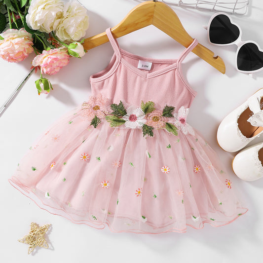 The perfect Sweet Spring Dress for a budding ballerina or fairy. Complete with flowers Embroidered at the waist and on the tulle skirt.. Perfect for Spring and Summer events!