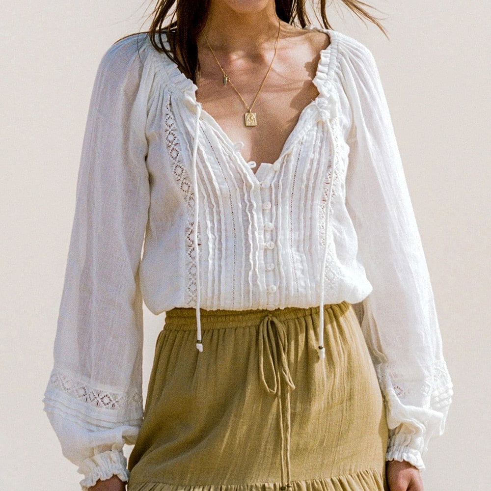 Full Sleeves, Gathered V Neck,  Lace and Pleats detail makes this a very special blouse.   Vintage White Cotton with roomy proportions.