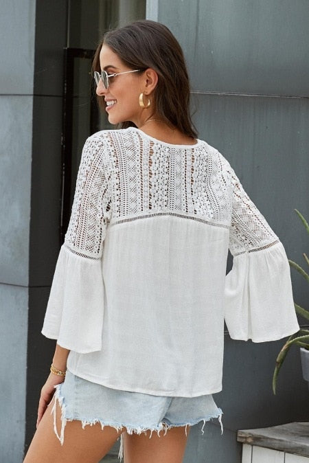 Lovely Blouse with Vintage Lace details at Sleeve, Shoulder and around V Neck. Perfect to pair with Boho Skirts and Pants.