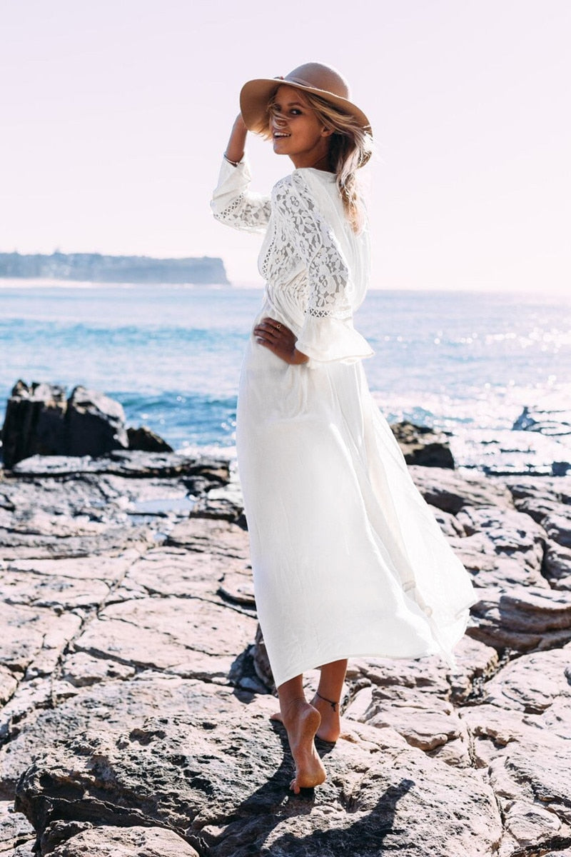 Long sleeve beach cover dress in White and Black. Vintage lace, midi length summer dress with a deep v neck.