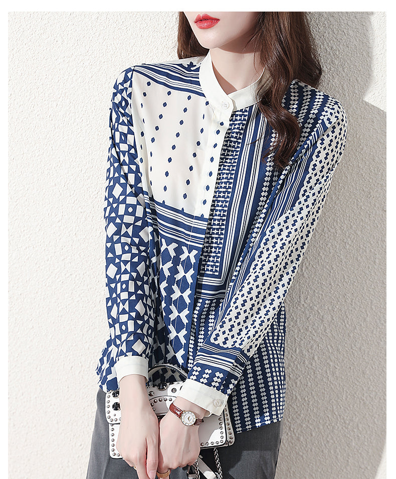 Patchwork Design in Blue on Ivory Printed on Chiffon. Casual Elegant Long Sleeve Euro-Top. Collarless with a Button on Collar and Sleeve Cuffs.