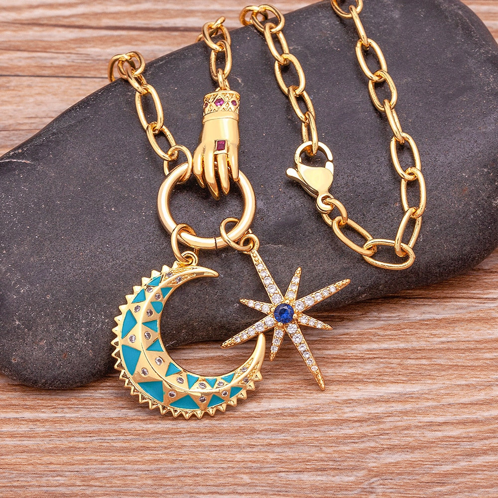 Vintage Golden Chain Choker Moon and Star Pendant Necklace