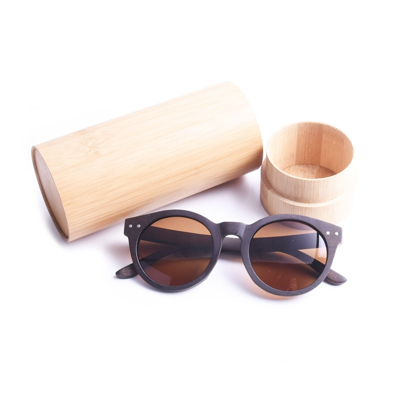 Vintage Round Wood Unisex Sunglasses w Polarized Lens