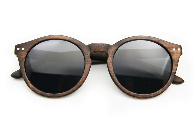 Vintage Round Wood Unisex Sunglasses w Polarized Lens