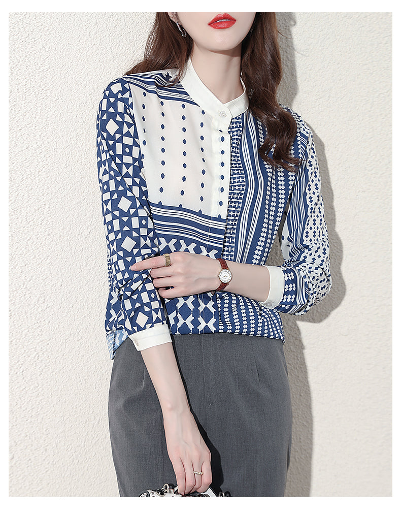 Patchwork Design in Blue on Ivory Printed on Chiffon. Casual Elegant Long Sleeve Euro-Top. Collarless with a Button on Collar and Sleeve Cuffs.