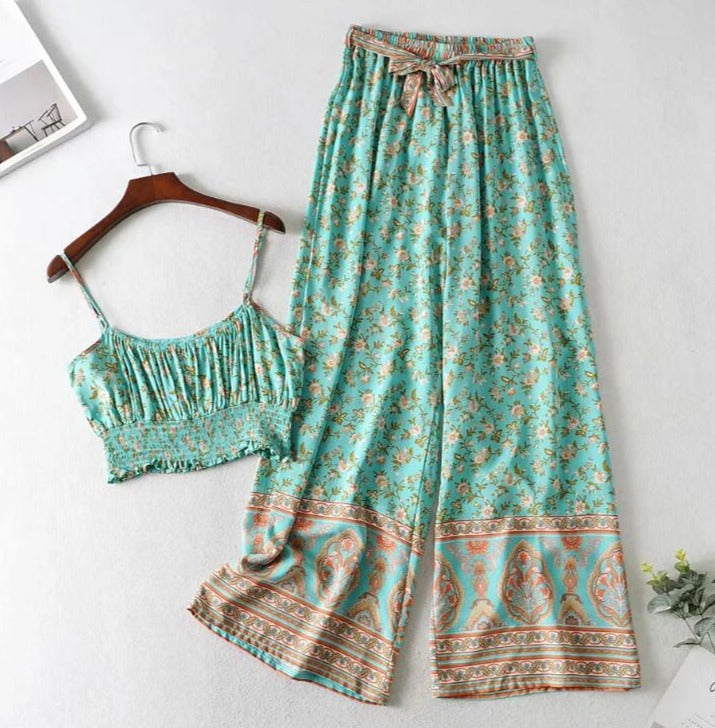 Two Piece Set - Bohemian Crop Top with Smocking & Spaghetti straps in Floral Print.  Wide Leg Pants Ruched at Waistband in Matching Fabric as Top.