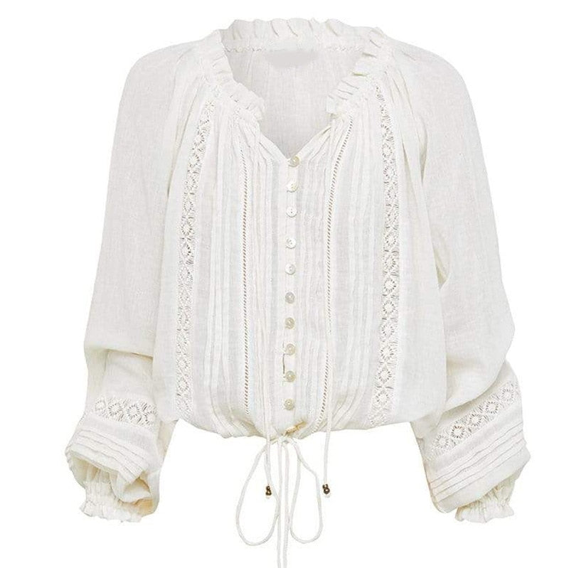 Full Sleeves, Gathered V Neck,  Lace and Pleats detail makes this a very special blouse.   Vintage White Cotton with roomy proportions.