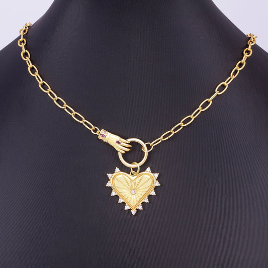 Gold Plated "I Wear my Heart on My Sleeve" Short Pendant Necklace - Very Cool Statement Piece on Paperclip Chain Link.