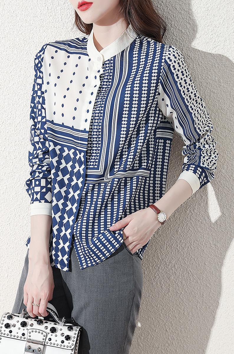 Patchwork Design in Blue on Ivory Printed on Chiffon. Casual Elegant Long Sleeve Euro-Top. Collarless with a Button on Collar and Sleeve Cuffs.