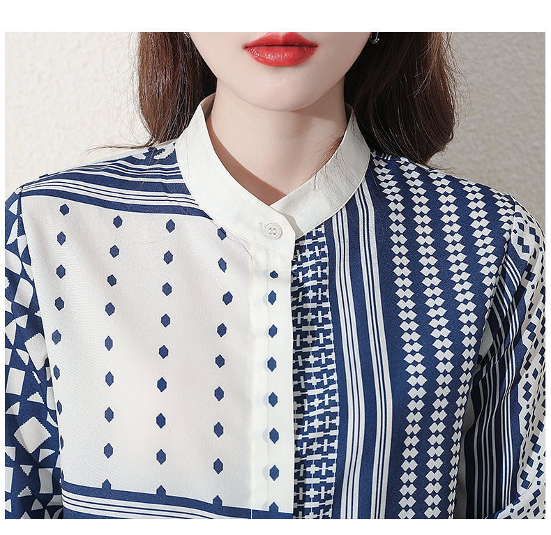 Patchwork Design in Blue on Ivory Printed on Chiffon. Casual Elegant Long Sleeve Euro-Top. Collarless with a Button on Collar and Sleeve Cuffs.